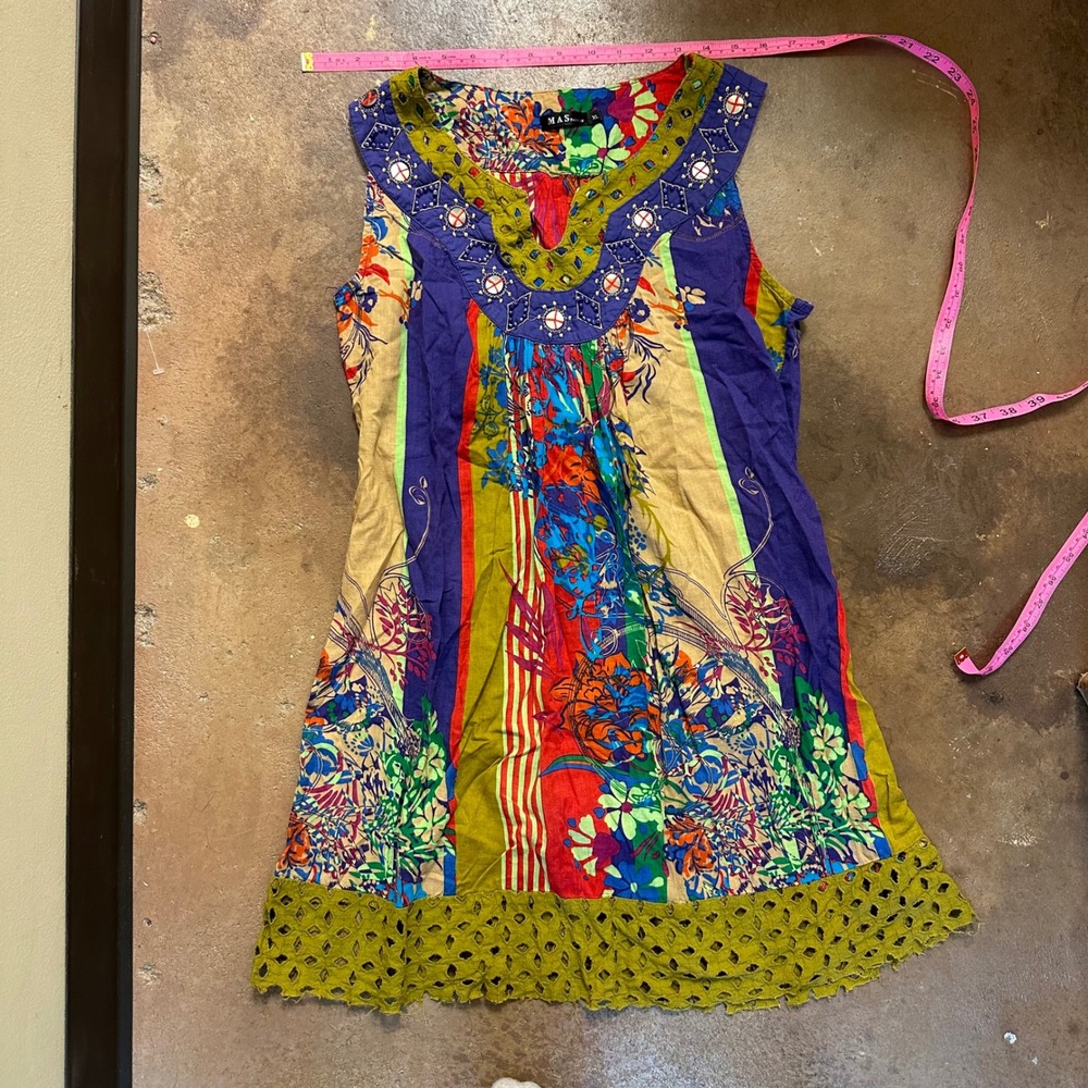 MÁS FASHION Sleeveless Mini Dress Colorful Print Embellished Boho Festival XL‎